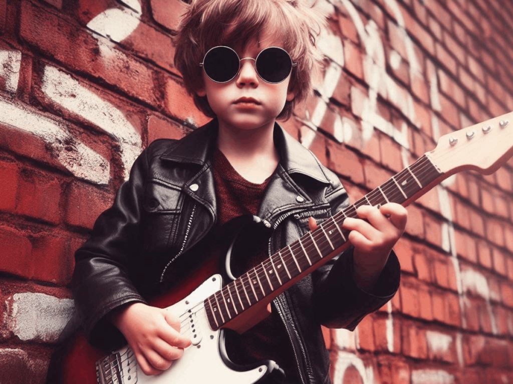 A Little Boy Playing An Electric Guitar