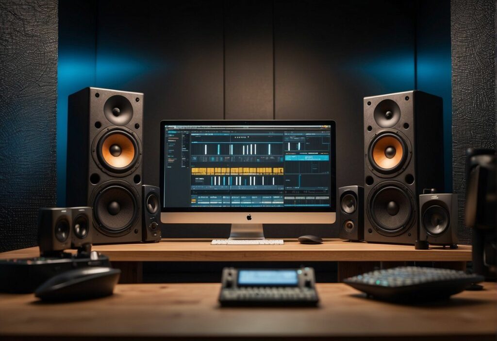 A Studio With A Clutter-Free Desk, A Pair Of Studio Monitors Placed At Ear Level, And Soundproofing Panels On The Walls