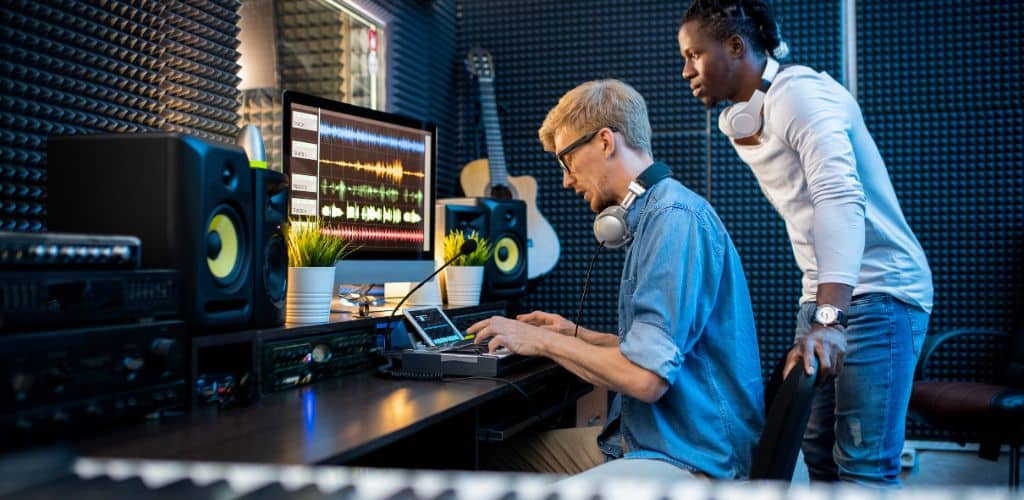 Two Recording Artist Inside A Studio With Audio Interfaces
