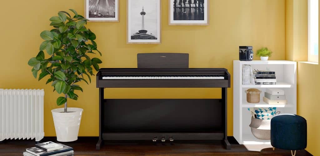 A Yamaha Product Image Of A Digital Piano Inside A Yellow-Walled Room