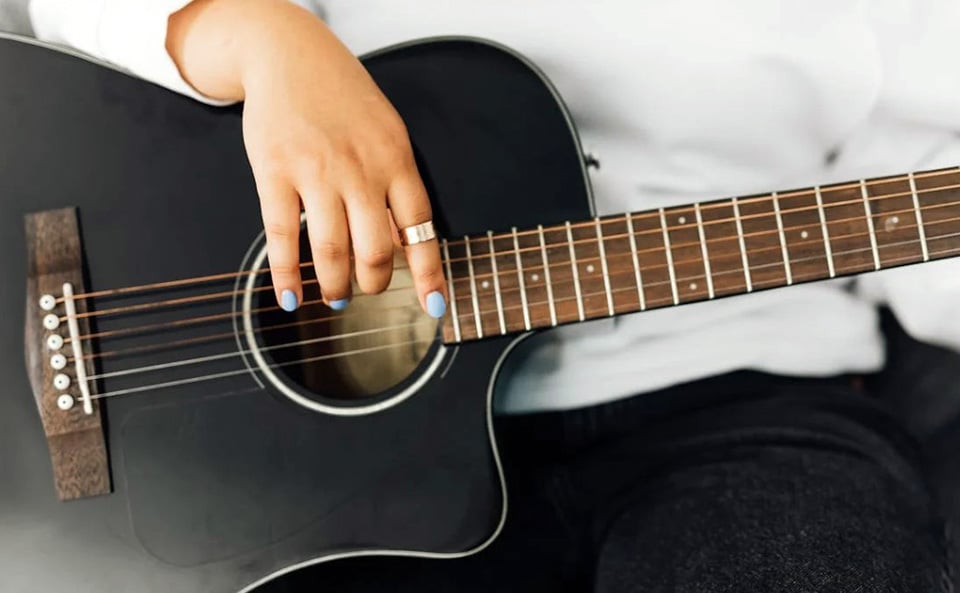 Best 3/4 Acoustic Guitar For Beginners Person Strumming The Black Guitar