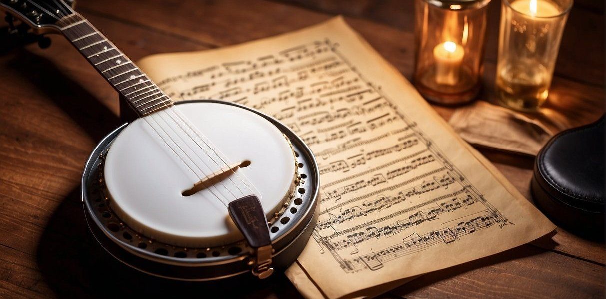 A Banjo Lies On A Wooden Table Next To A Sheet Of Music. A Banjo Lies On A Wooden Table Next To A Sheet Of Music.